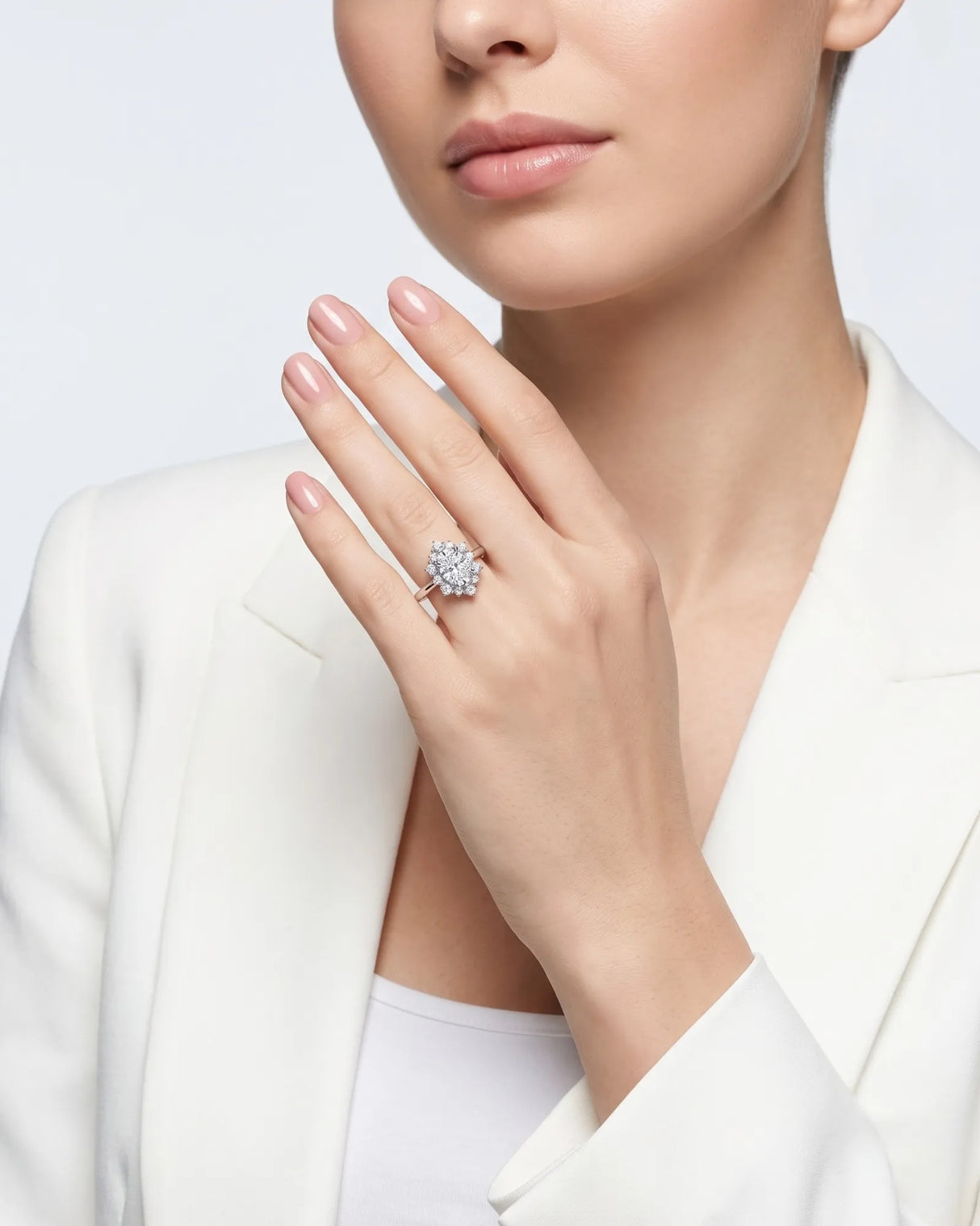 Julia – Natural Oval Diamond Floral Halo Engagement Ring