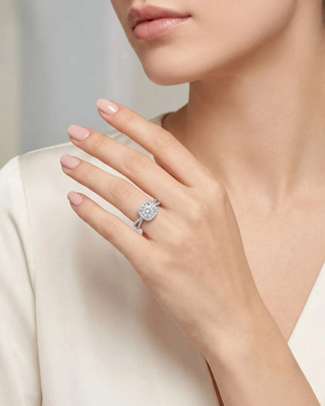 Sandra – Natural Round Diamond Halo Split-Shank Engagement Ring