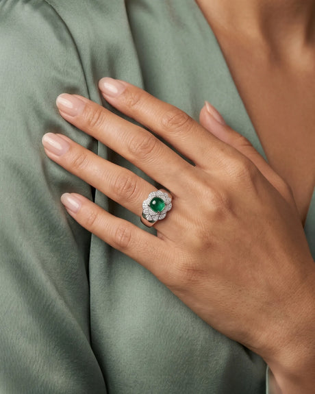 【Ships Fast】PT900 Sugarloaf Emerald Diamond Cluster Ring