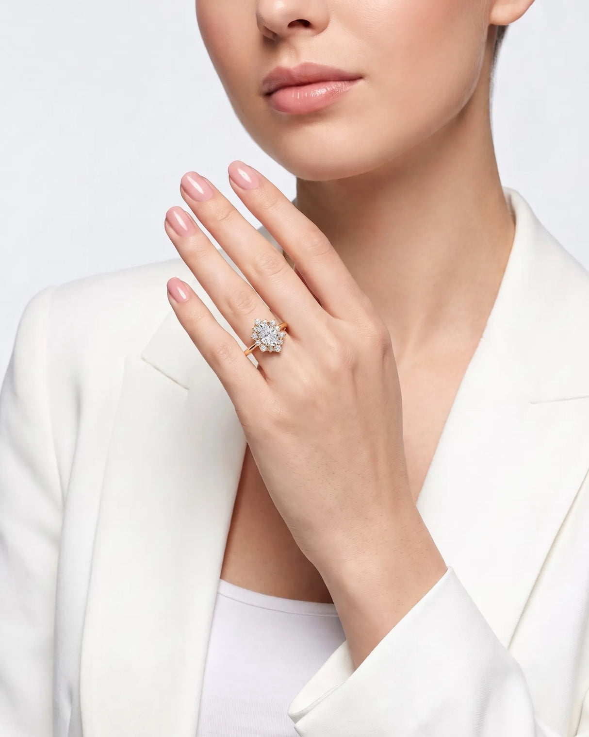 Julia – Natural Oval Diamond Floral Halo Engagement Ring