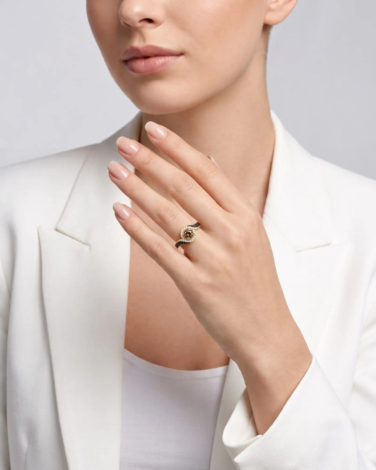 Esther – Natural Champagne Diamond Halo Engagement Ring