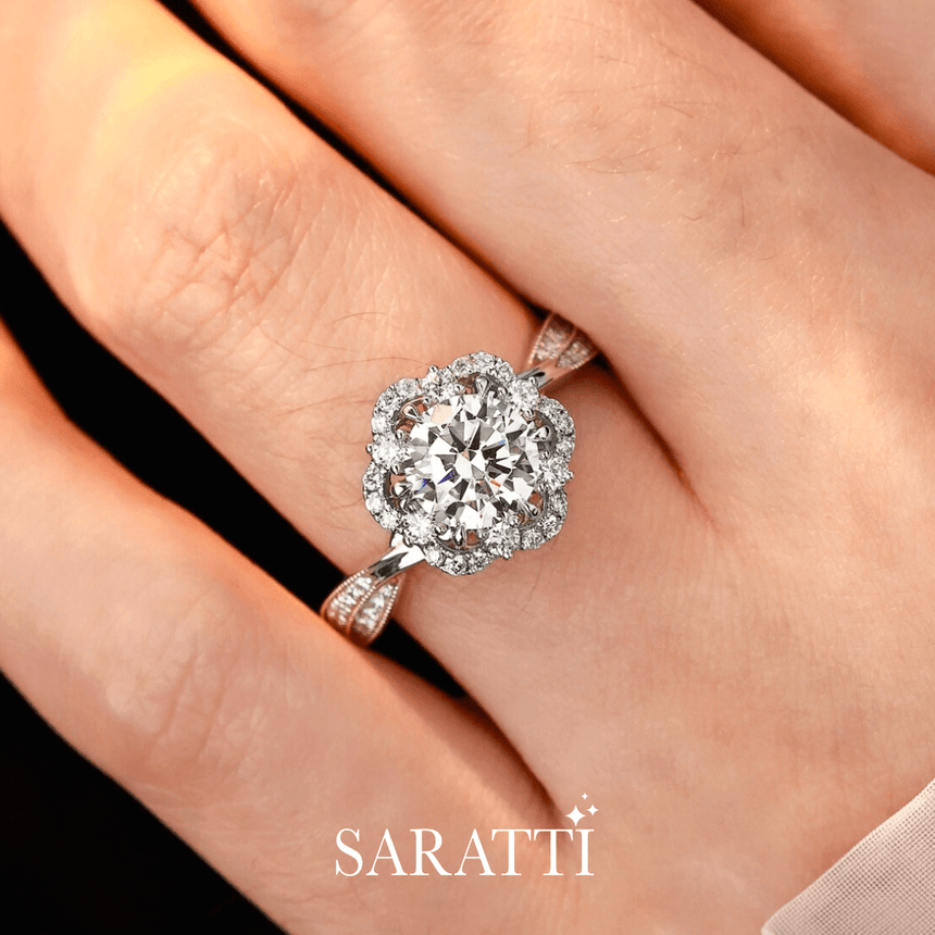 Milgrain Detail Natural Diamond Pave Engagement Ring 