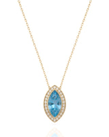 LUMÉA marquise cut Aquamarine diamond halo pendant necklace in Rose Gold, main view | SARATTI