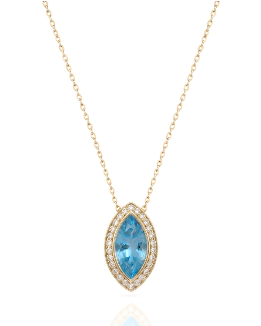 LUMÉA marquise cut Aquamarine diamond halo pendant necklace in Rose Gold, main view | SARATTI