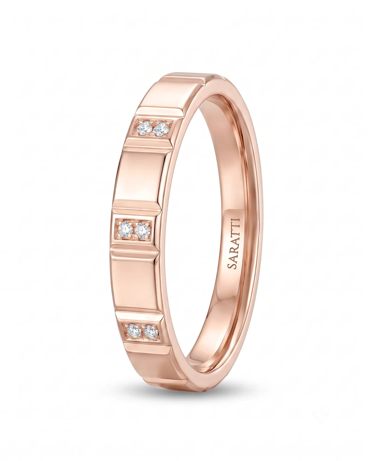 Matching diamond wedding ring set with elegant structure and romantic 18K rose gold craftsmanship | SARATTI