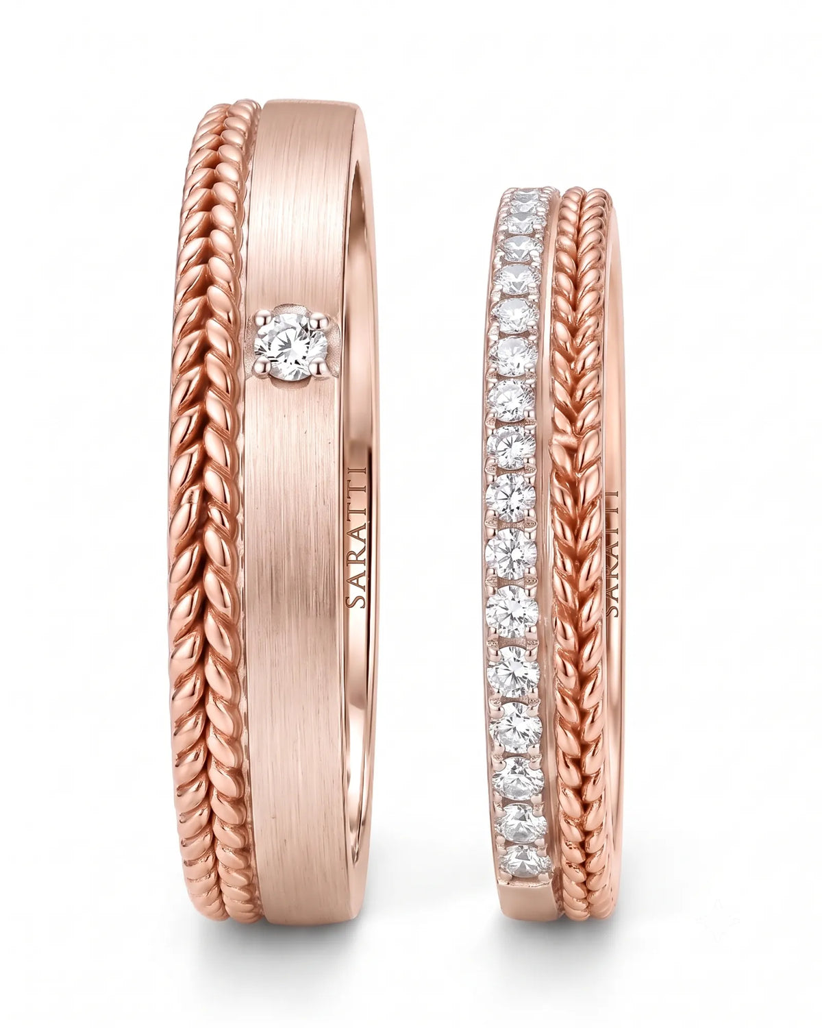 Matching wedding band set with classic structure and polished 18K rose gold detailing | SARATTI