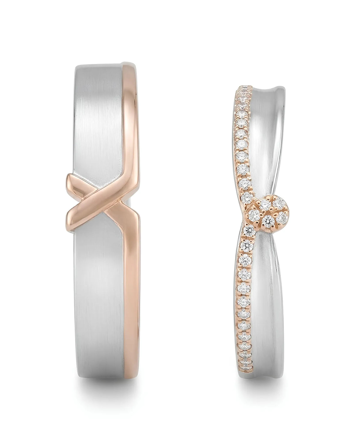 Matching wedding ring set with flowing ribbon curves and contrasting two tone gold craftsmanship | SARATTI
