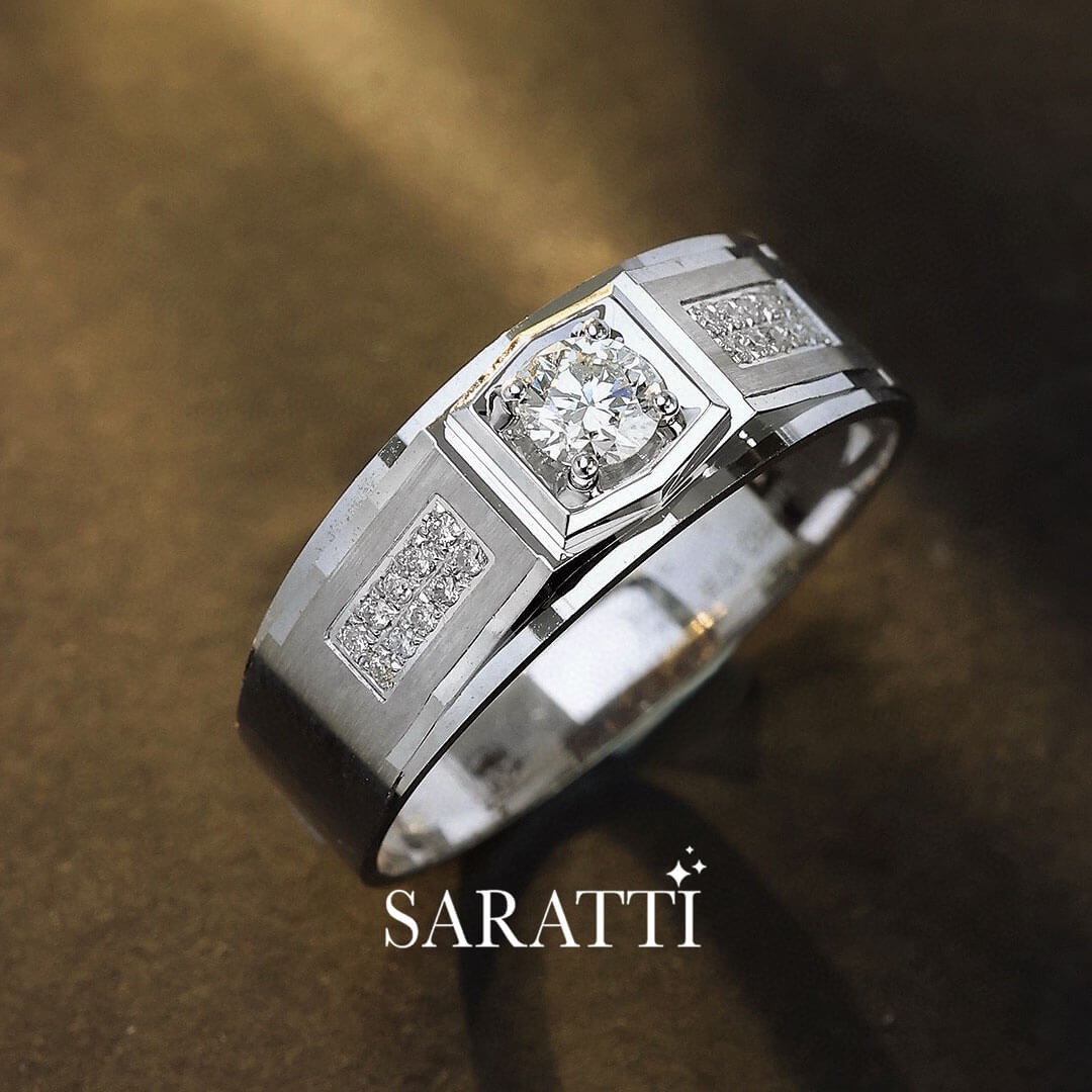 18k white gold six paths echelon men’s diamond ring with pavé shoulder panels | SARATTI
