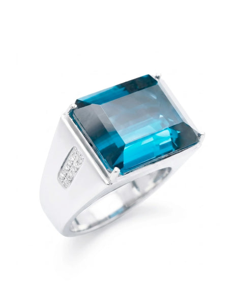 Men’s London blue topaz signet ring emerald cut 14K white gold | SARATTI
