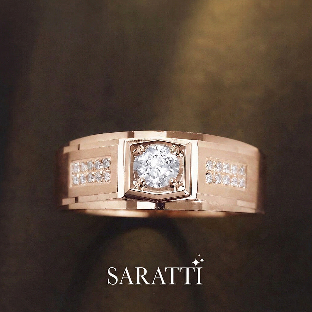 Men’s diamond ring in 18k rose gold six paths echelon geometric band design | SARATTI
