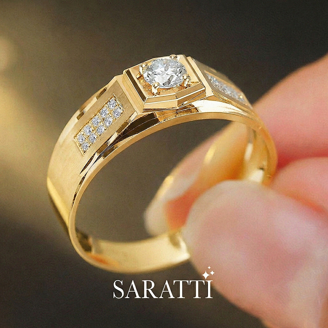 Men’s diamond ring in 18k yellow gold six paths echelon geometric band design | SARATTI