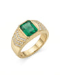 Men’s emerald ring with emerald-cut center stone and pavé diamond shoulders in 18K yellow gold | SARATTI