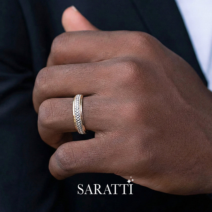 Men's honeycomb wedding band aurelian design 18k yellow and white gold geometric band | SARATTI