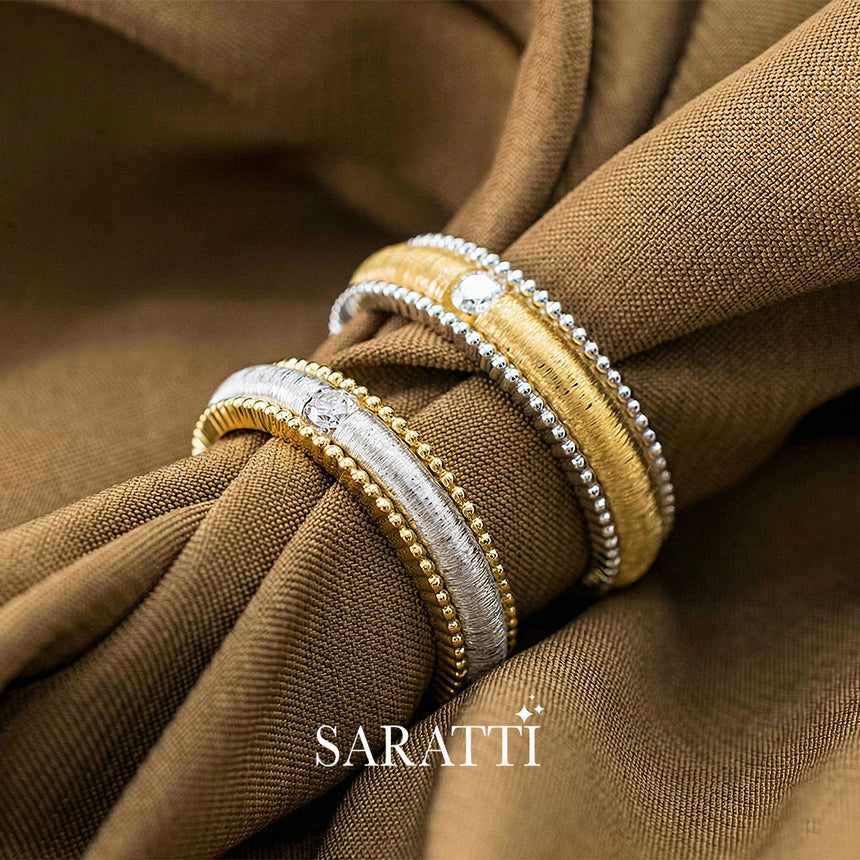 Men’s layered wedding band imperium 18k white and yellow gold milgrain edge diamond | SARATTI