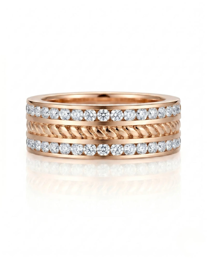 Men’s wedding band for marriage with rope motif and diamonds in 18K rose gold | SARATTI