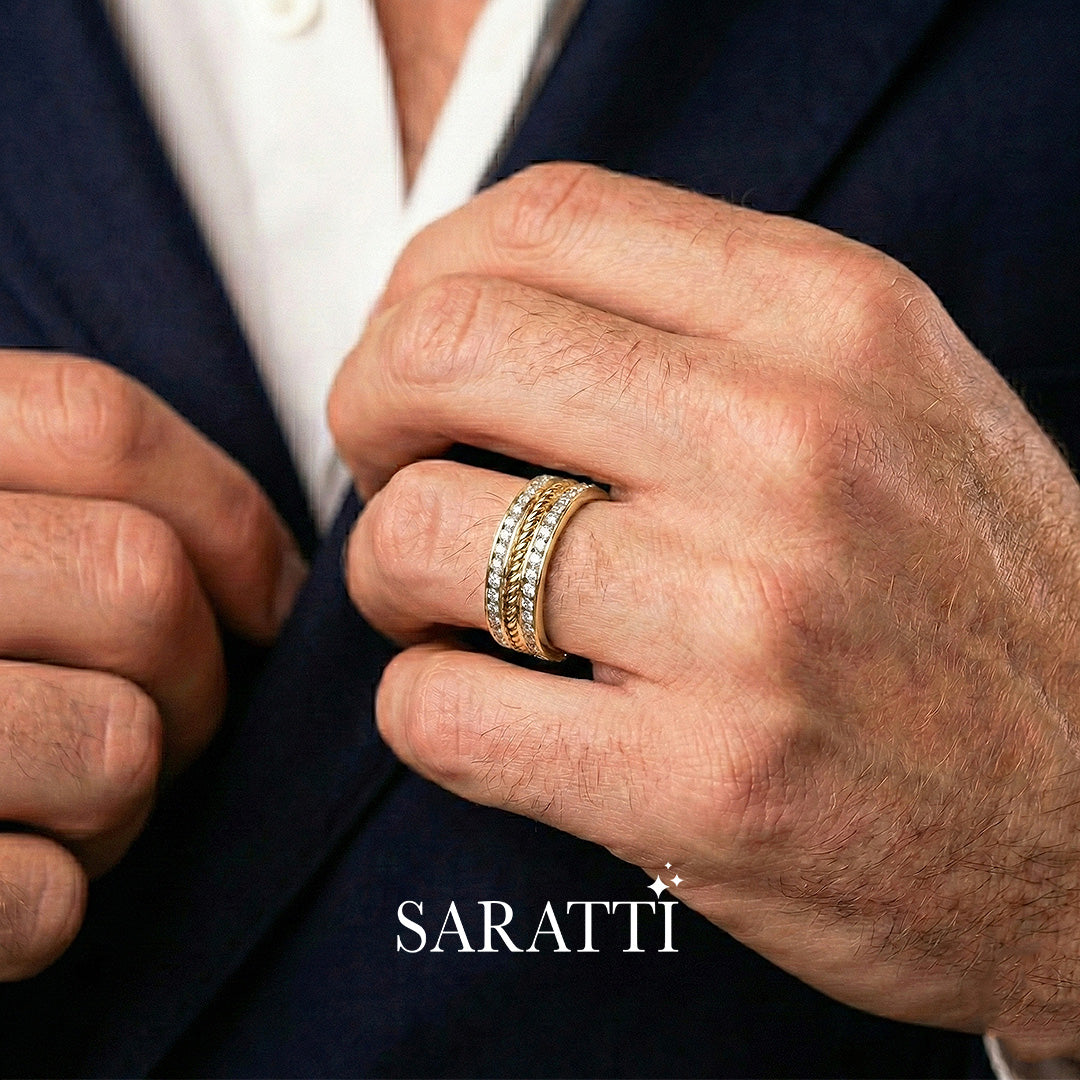 Men’s wedding band for marriage with rope motif and diamonds in 18K yellow gold - SARATTI