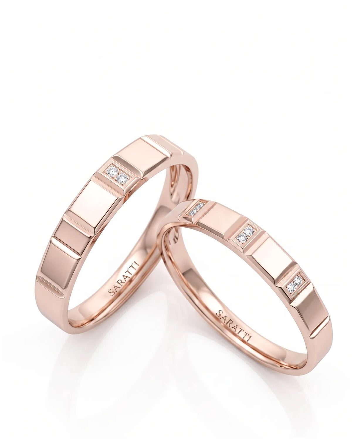 Midnight matching diamond wedding rings with refined polished design in 18K rose gold | SARATTI