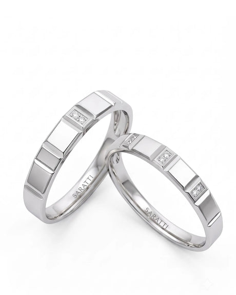 Midnight matching diamond wedding rings with refined polished design in 18K white gold | SARATTI