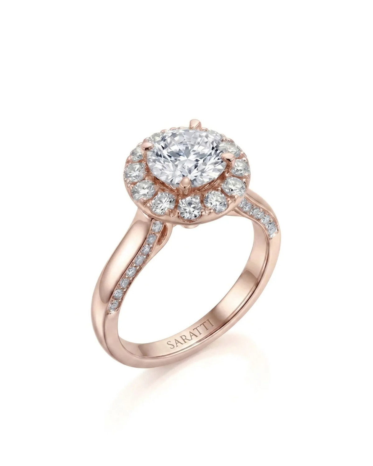 Mina Ethereal Halo natural diamond ring 45-degree view with round halo setting and pavé shoulders in 18K rose gold | SARATTI