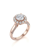 Mina Ethereal Halo natural diamond ring 45-degree view with round halo setting and pavé shoulders in 18K rose gold | SARATTI