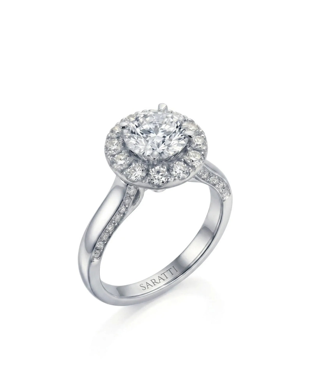 Mina Ethereal Halo natural diamond ring 45-degree view with round halo setting and pavé shoulders in 18K white gold | SARATTI