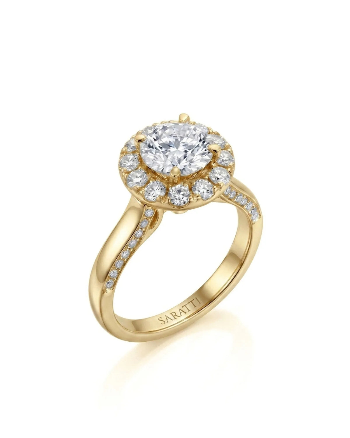 Mina Ethereal Halo natural diamond ring 45-degree view with round halo setting and pavé shoulders in 18K yellow gold | SARATTI