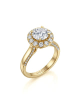 Mina Ethereal Halo natural diamond ring 45-degree view with round halo setting and pavé shoulders in 18K yellow gold | SARATTI