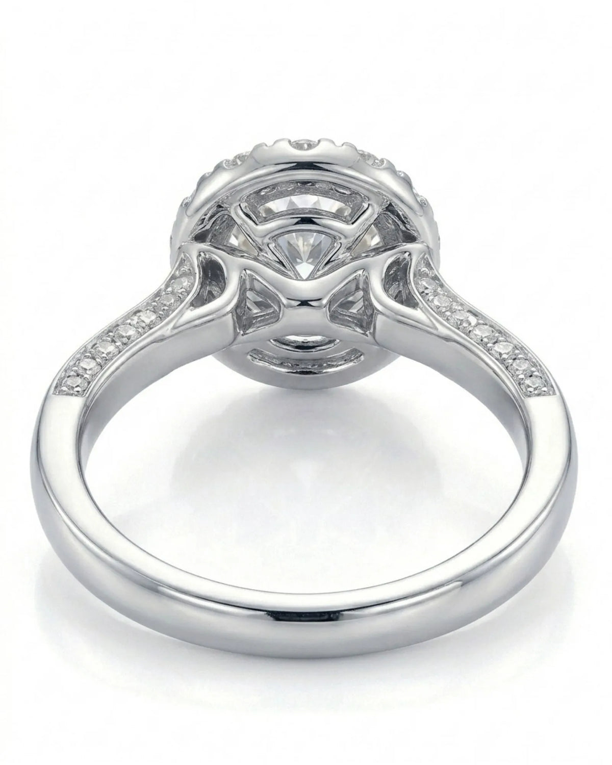 Mina Ethereal Halo natural diamond ring rear gallery view with pavé shoulders in 18K white gold | SARATTI