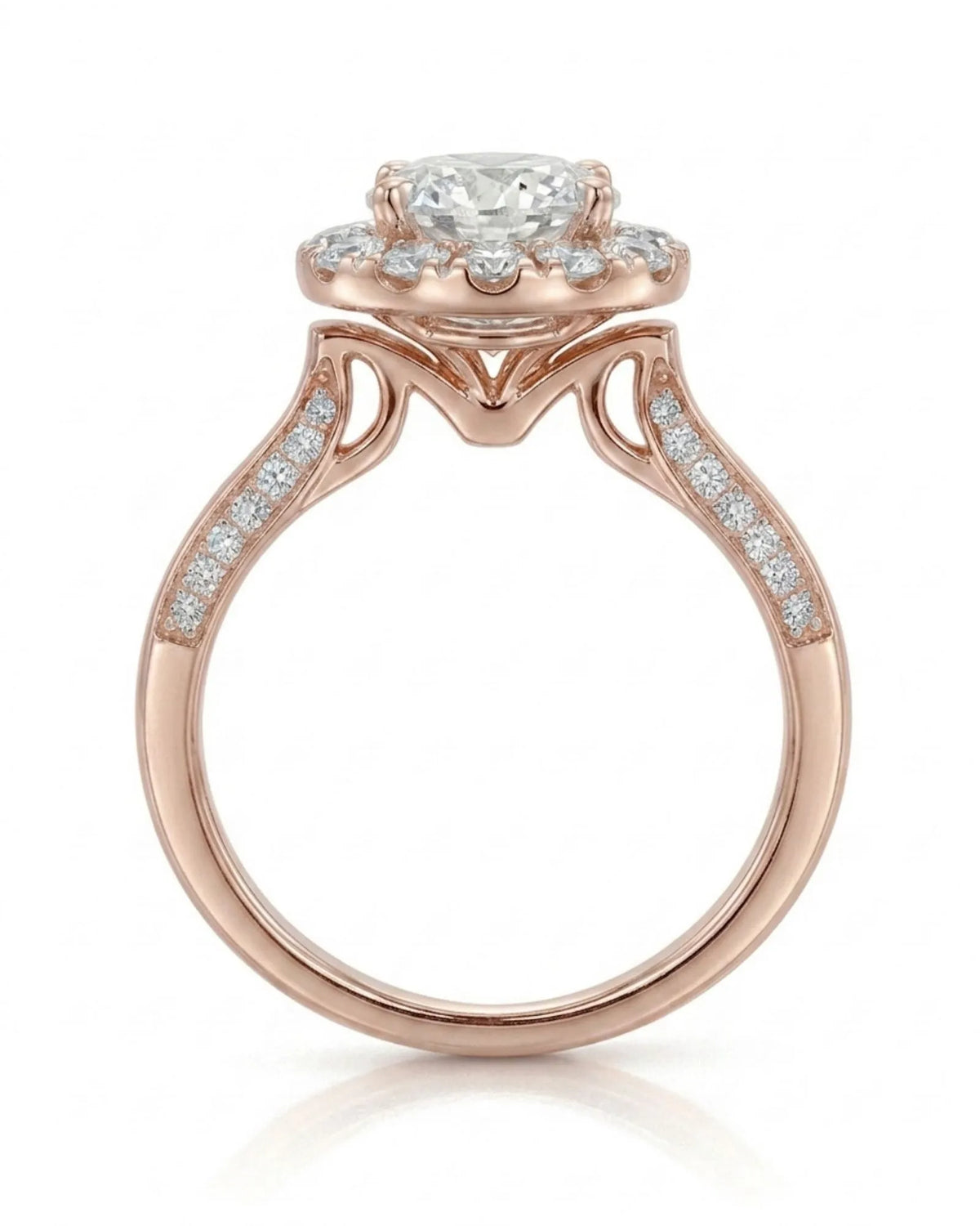 Mina Ethereal Halo natural diamond ring side profile with round halo and pavé band in 18K rose gold | SARATTI