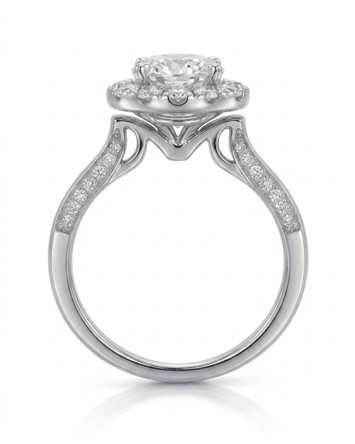 Mina Ethereal Halo natural diamond ring side profile with round halo and pavé band in Platinum | SARATTI