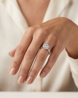 Mina Ethereal Halo natural diamond ring worn on hand in 18K white gold | SARATTI