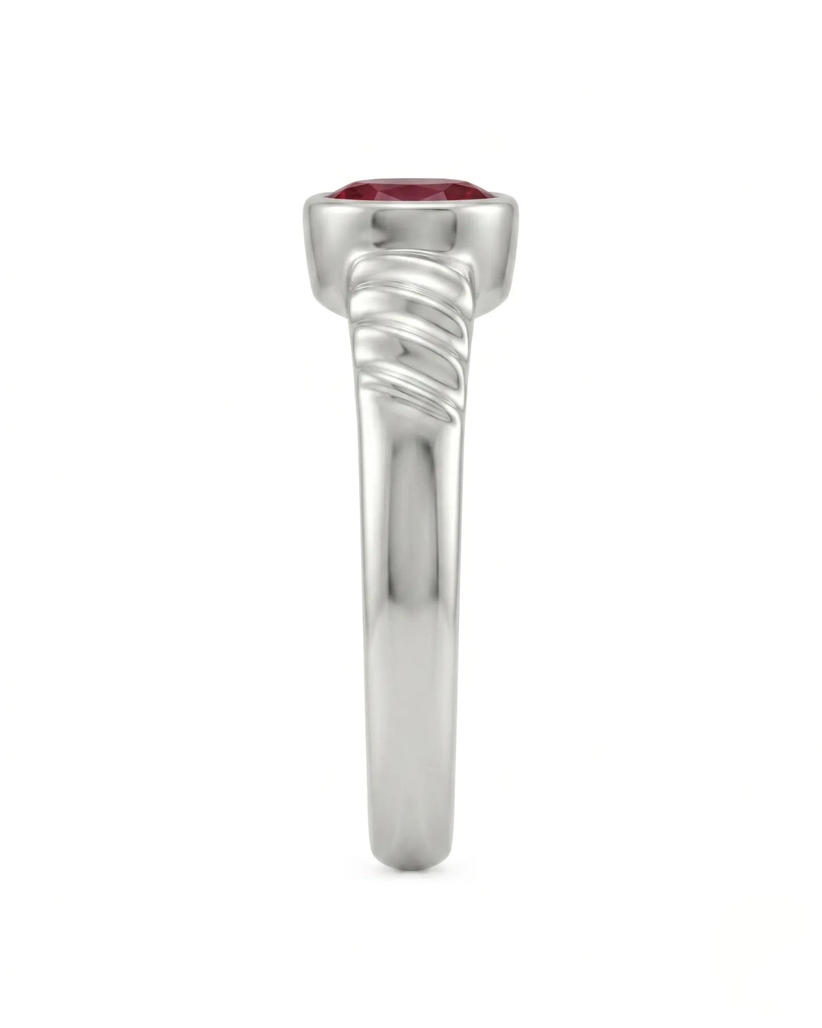 Minimalist oval ruby engagement ring in 18K white gold with secure bezel setting | SARATTI