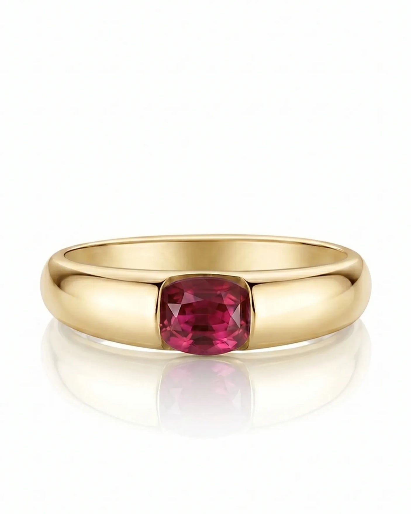 Minimalist ruby ring with floating cushion gemstone design in 18K yellow gold | SARATTI