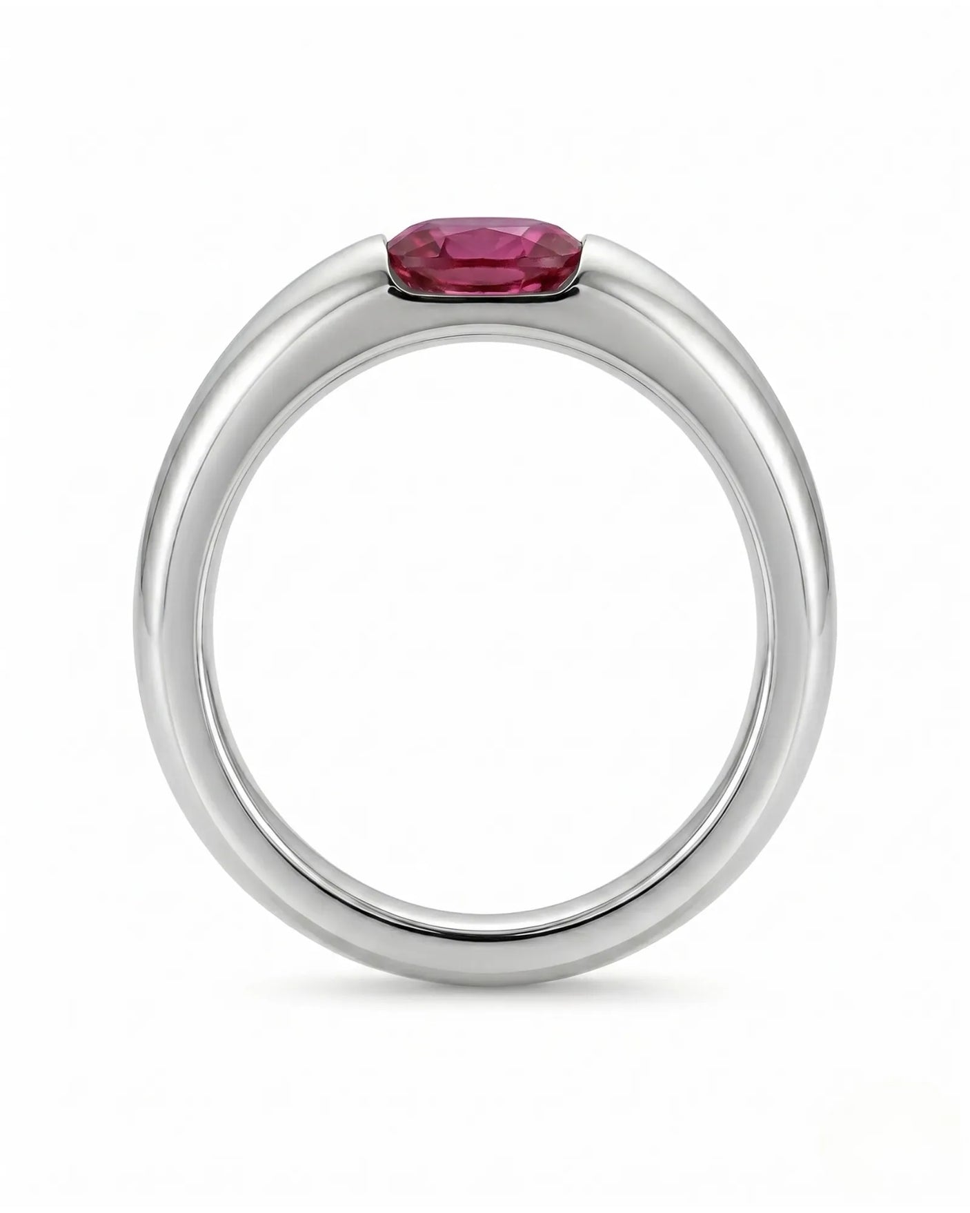 Minimalist ruby ring with floating cushion gemstone design in refined platinum | SARATTI