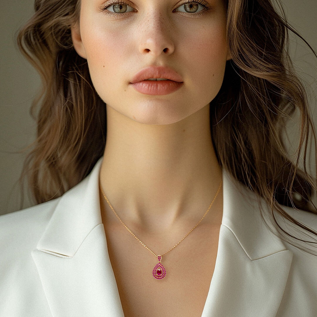 Model wears the Yellow Gold Mogok Rose Red Ruby Pendant | Saratti Fine Jewelry 