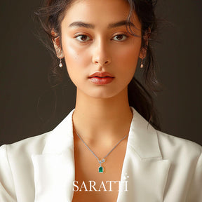 Model wears the Esprit de Nature Emerald & Diamond Pendant | Saratti 