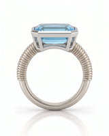 Modern aquamarine ring with architectural bezel setting and ribbed band in Platinum | SARATTI