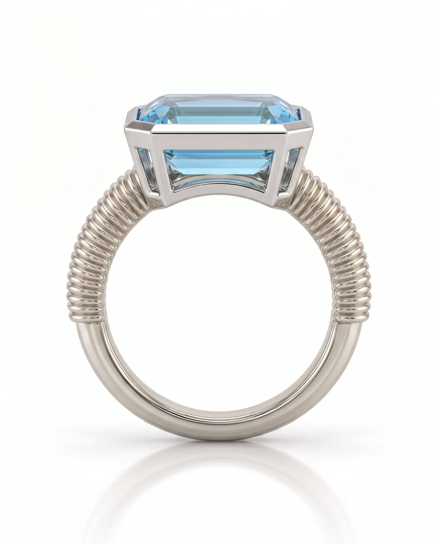 Modern aquamarine ring with architectural bezel setting and ribbed band in Platinum | SARATTI
