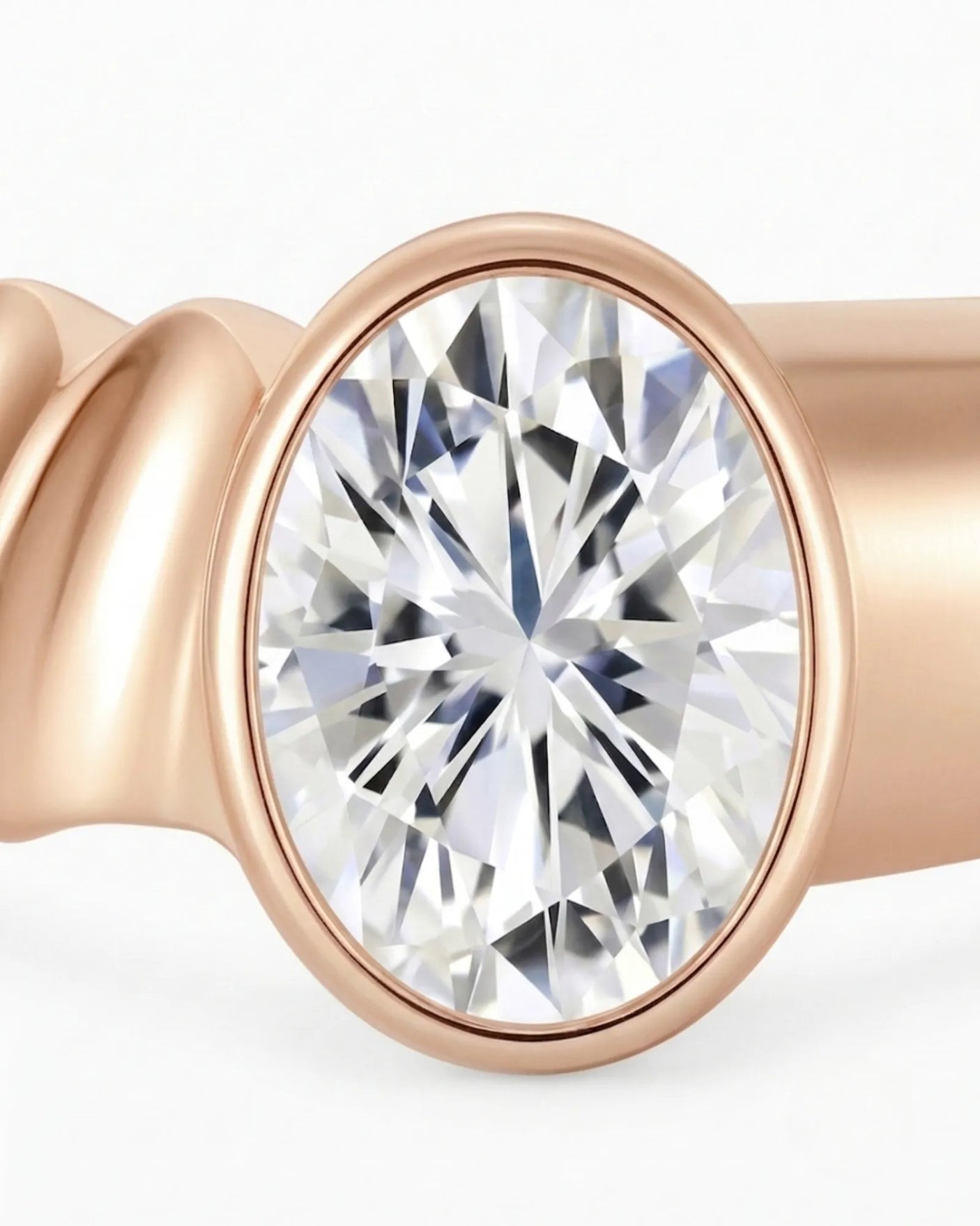 Modern bezel set moissanite ring with triple wave shank in polished 18K rose gold | SARATTI