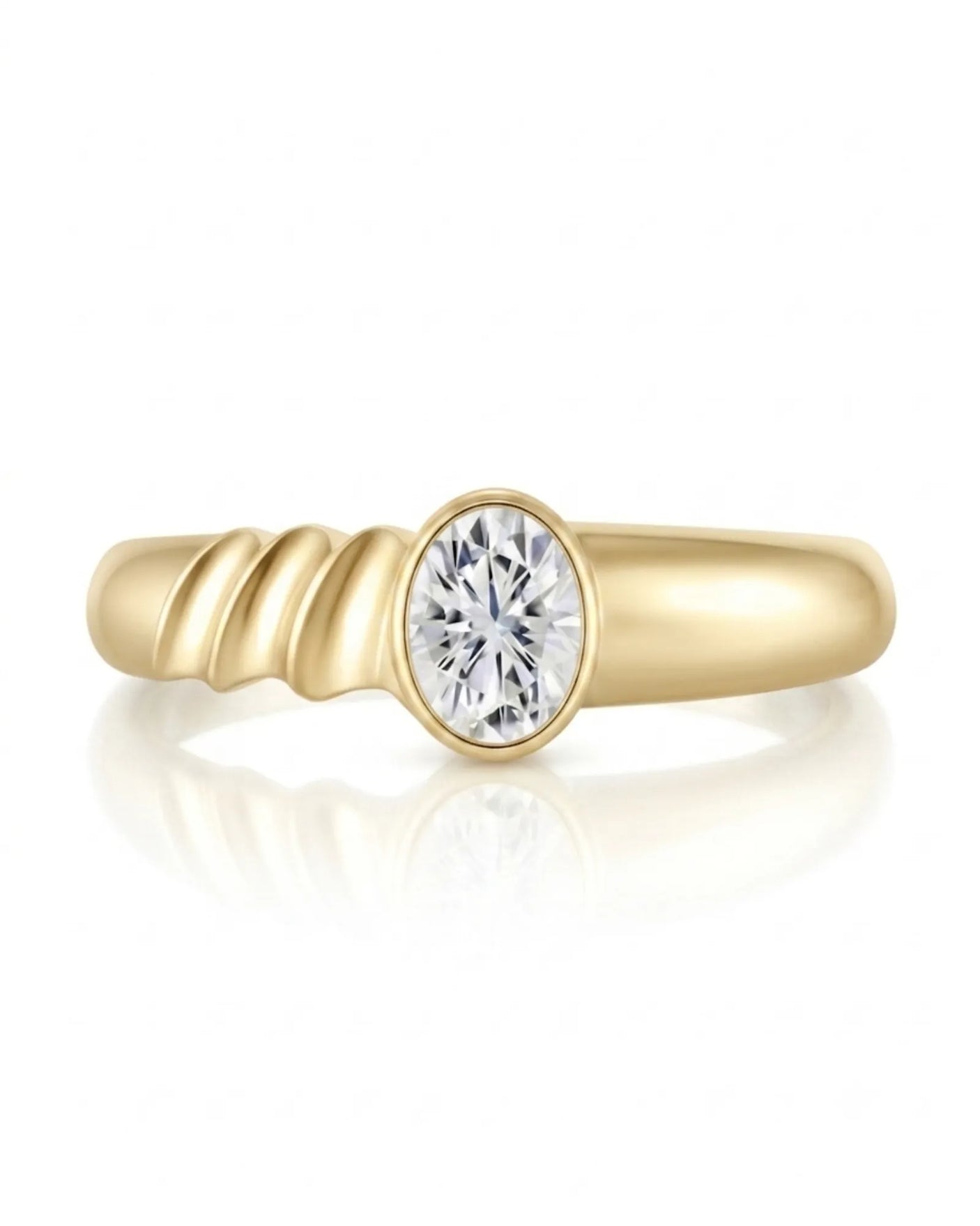 Modern bezel set moissanite ring with triple wave shank in polished 18K yellow gold | SARATTI