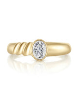 Modern bezel set moissanite ring with triple wave shank in polished 18K yellow gold | SARATTI