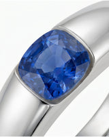 Modern cushion sapphire ring with smooth tension setting and polished 18K rose gold band | SARATTI