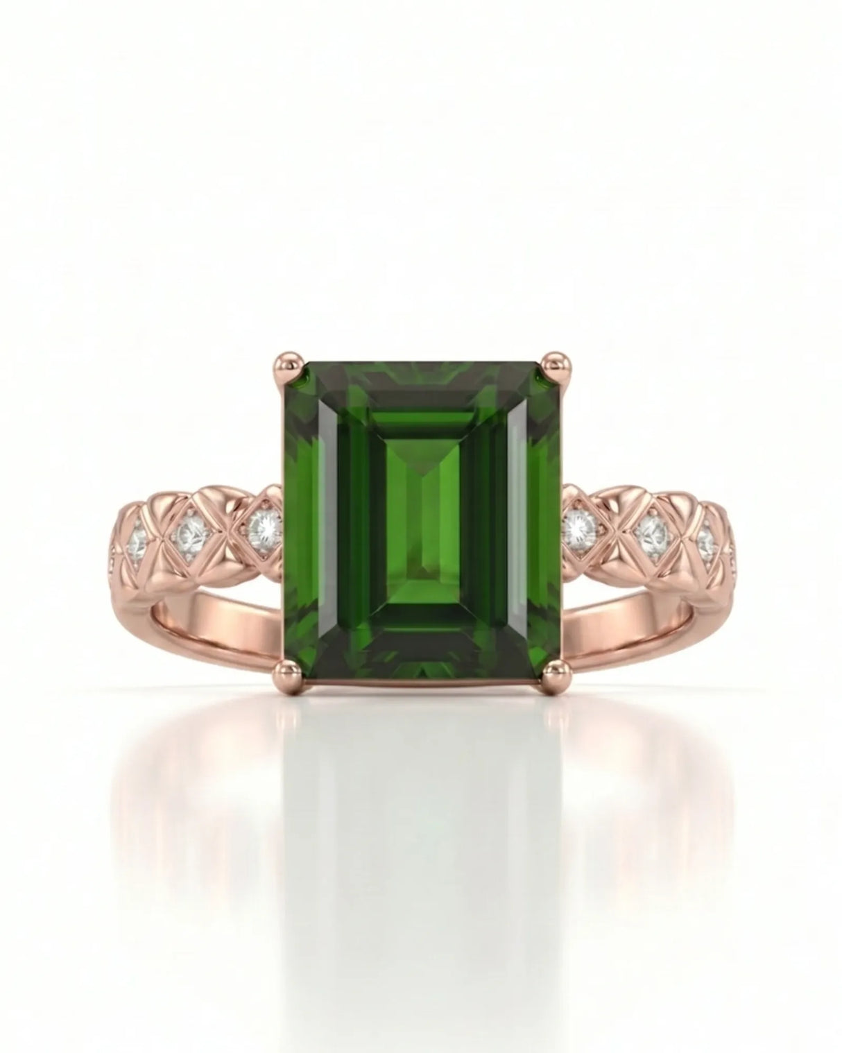 Modern green tourmaline diamond ring with step-cut center stone in 18K rose gold | SARATTI