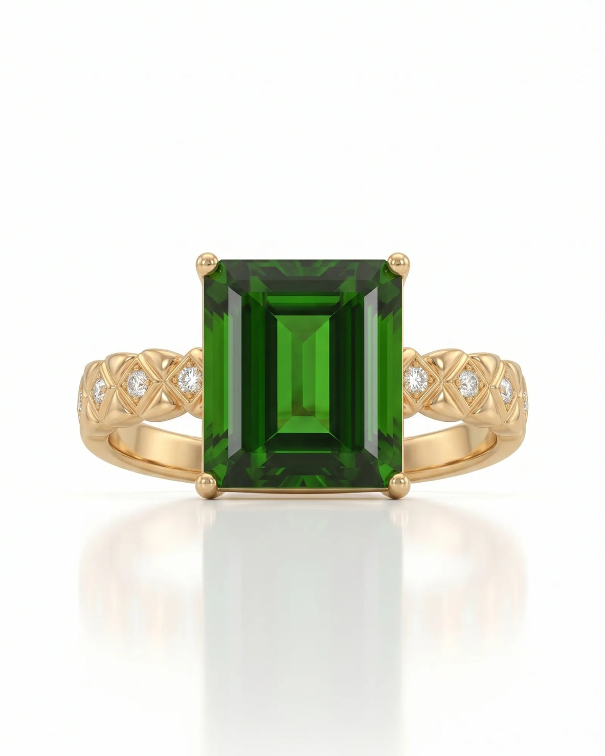 Modern green tourmaline diamond ring with step-cut center stone in 18K yellow gold | SARATTI
