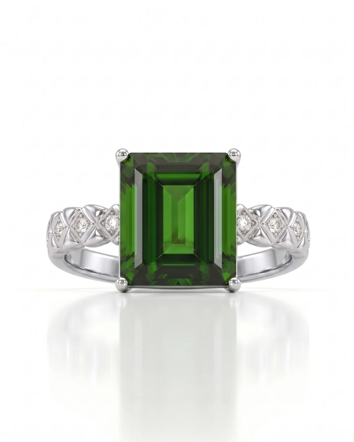 Modern green tourmaline diamond ring with step-cut center stone in polished platinum | SARATTI