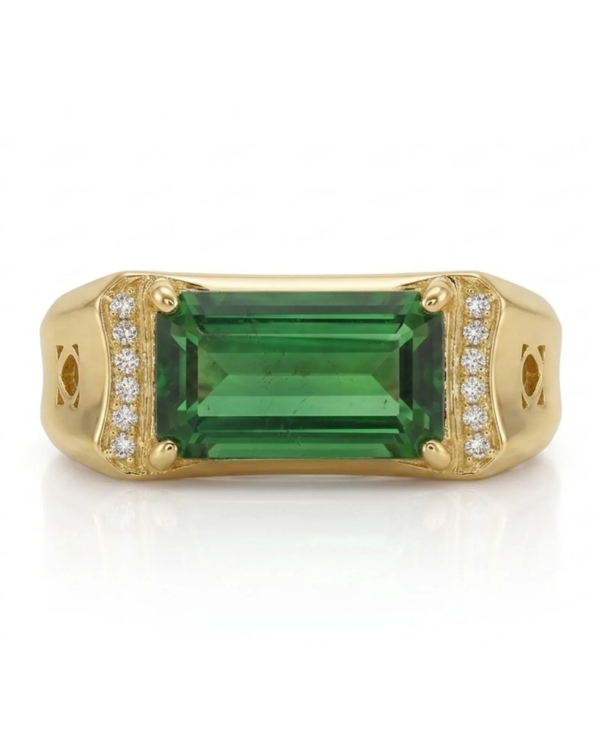 Modern green tourmaline ring with citadel-inspired diamond accents in 18K white gold | SARATTI