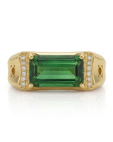Modern green tourmaline ring with citadel-inspired diamond accents in 18K white gold | SARATTI