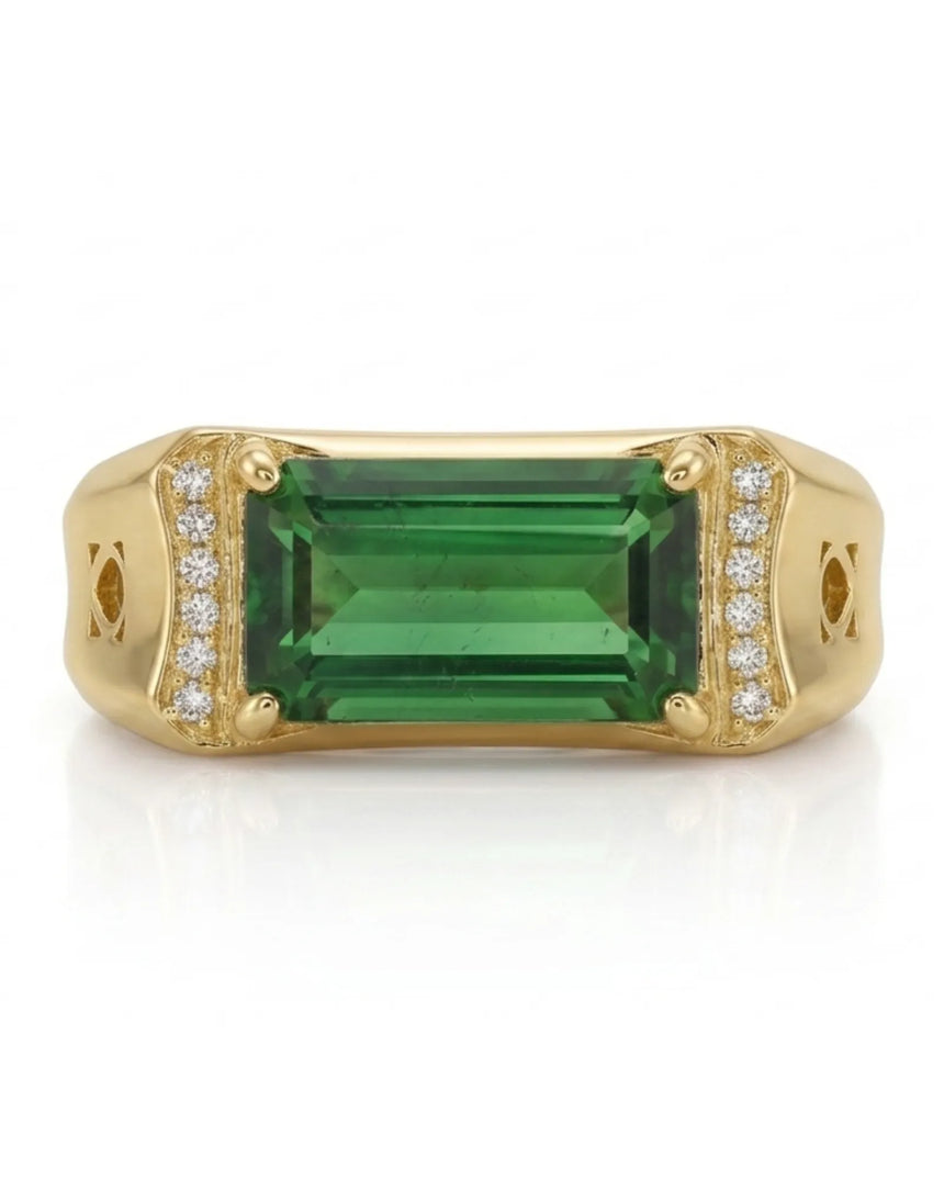 Modern green tourmaline ring with citadel-inspired diamond accents in 18K white gold | SARATTI