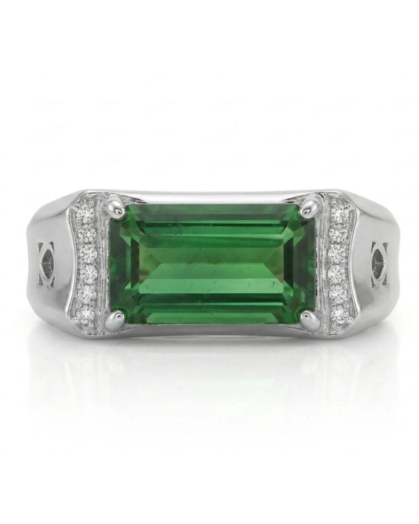 Modern green tourmaline ring with citadel-inspired diamond accents in a platinum design | SARATTI