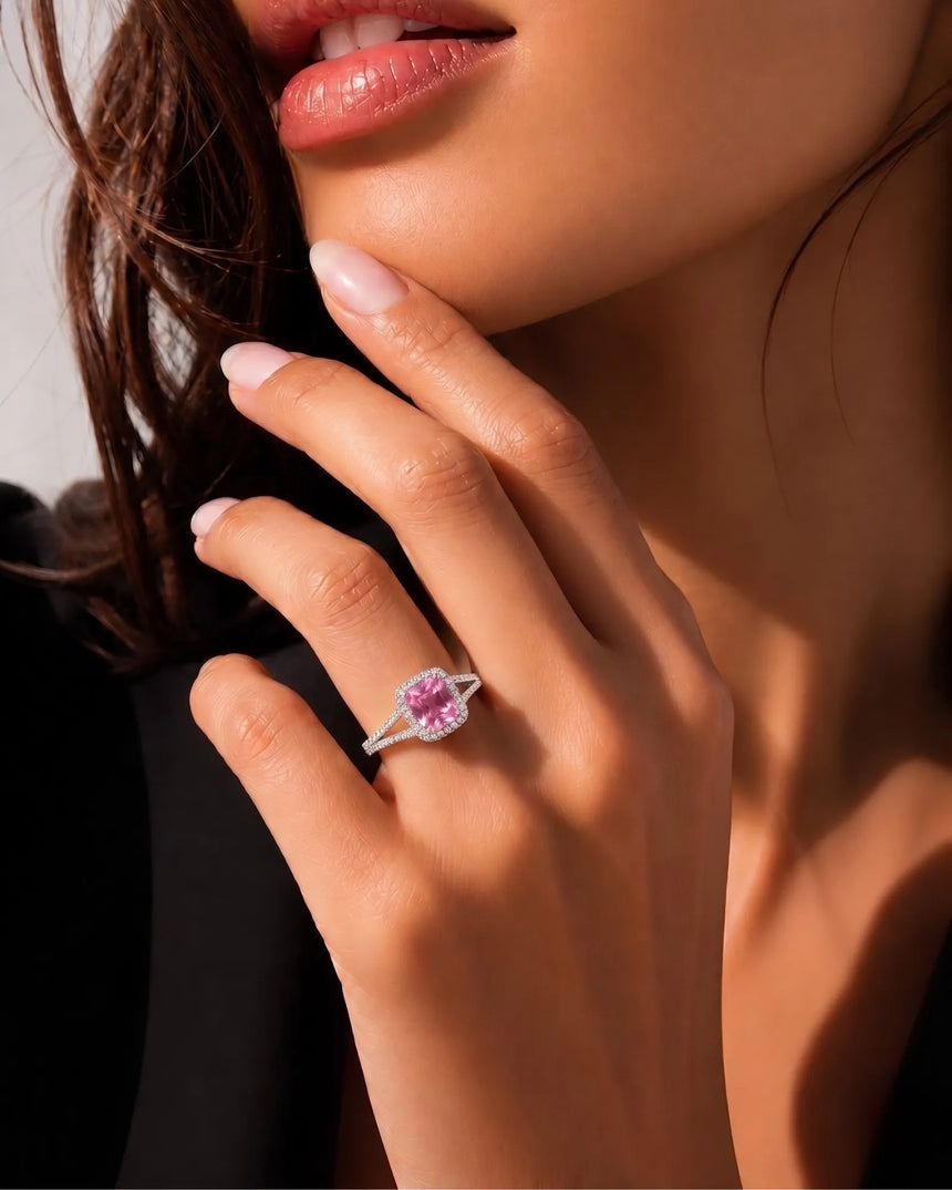 Modern purple sapphire ring with round diamond halo in polished white gold - SARATTI